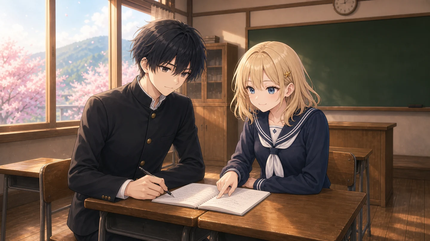 教室で日本語ノートを見る透とステラ