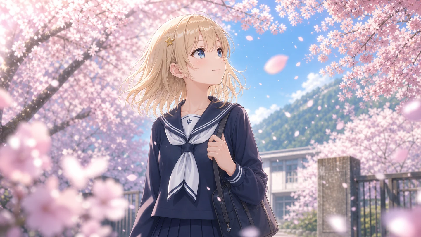 校門前で桜を見上げるステラ